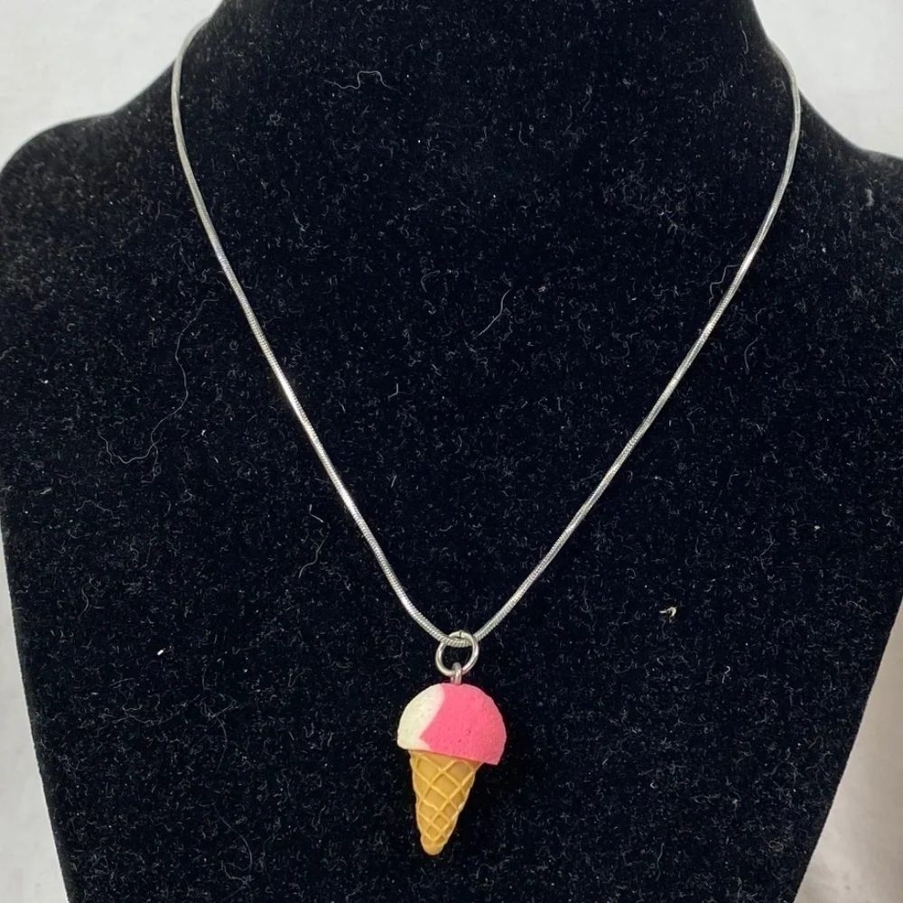 Cute Ice Cream Cone Necklace on Silver Chain